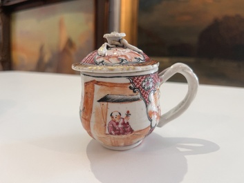 Six Chinese famille rose and gilt cups and saucers and a cream jug with floral and mandarin design, Yongzheng/Qianlong