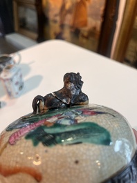 A Chinese Nanking crackle glazed famille rose 'warrior' vase and cover, a tea caddy and an Imari style teapot and cover, 18th/19th C.