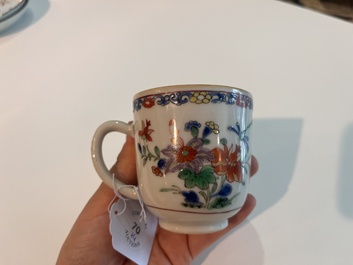 Two Chinese famille verte cups and saucers with floral design, Qianlong