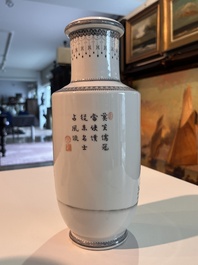 Three Chinese famille rose vases with palace scenes and birds among blossoming branches, Qianlong marks, Republic, 20th C.