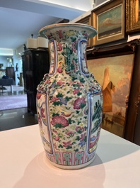 Three Chinese Canton famille rose 'warrior and palace scenes' vases, 19th C.