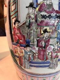 Three Chinese Canton famille rose 'warrior and palace scenes' vases, 19th C.