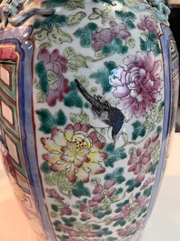 Three Chinese Canton famille rose 'warrior and palace scenes' vases, 19th C.
