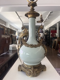 A Chinese style gilt bronze mounted celadon-glazed vase mounted into a lamp, 19th/20th C.