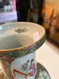 Three Chinese Canton famille rose 'warrior and palace scenes' vases, 19th C.