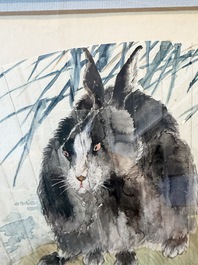 Chinese school: A 'rabbits in a landscape' fan, ink and colours on paper, 19th/20th C.