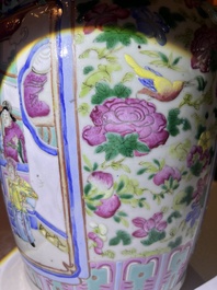 Three Chinese Canton famille rose 'warrior and palace scenes' vases, 19th C.