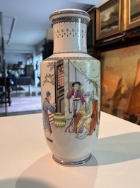 Three Chinese famille rose vases with palace scenes and birds among blossoming branches, Qianlong marks, Republic, 20th C.