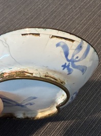 A Chinese Canton enamel bowl and cover, a patipan and a saucer with figures in a landscape, 19th C.