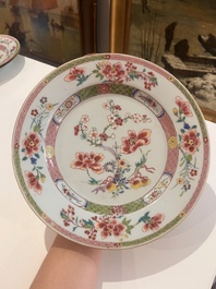 Seven Chinese famille rose plates with floral design and mythical animals, Yongzheng/Qianlong
