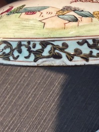 A Chinese Canton enamel bowl and cover, a patipan and a saucer with figures in a landscape, 19th C.