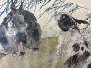 Chinese school: A 'rabbits in a landscape' fan, ink and colours on paper, 19th/20th C.