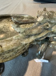 A Chinese tripod green jade 'dragon heads' incense burner, 20th C.