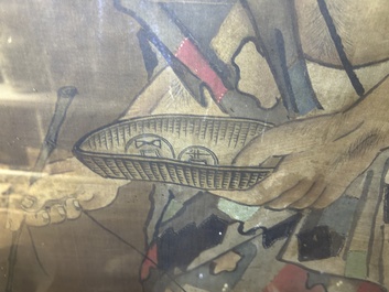 Chinese school: A blind beggar with a dog, ink and colours on silk, probably Ming