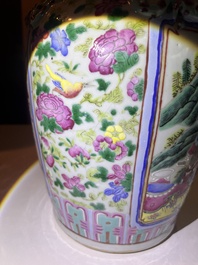 Three Chinese Canton famille rose 'warrior and palace scenes' vases, 19th C.