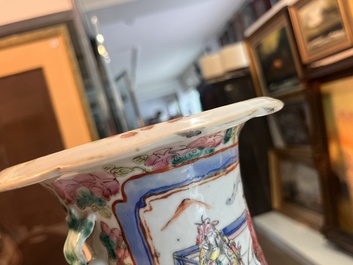 Three Chinese Canton famille rose 'warrior and palace scenes' vases, 19th C.