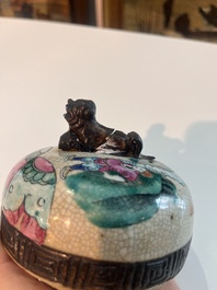 A Chinese Nanking crackle glazed famille rose 'warrior' vase and cover, a tea caddy and an Imari style teapot and cover, 18th/19th C.