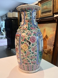 Three Chinese Canton famille rose 'warrior and palace scenes' vases, 19th C.