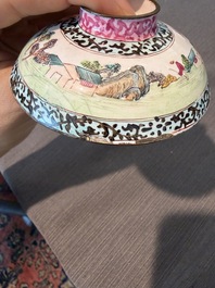 A Chinese Canton enamel bowl and cover, a patipan and a saucer with figures in a landscape, 19th C.