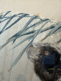 Chinese school: A 'rabbits in a landscape' fan, ink and colours on paper, 19th/20th C.