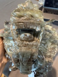 A Chinese tripod green jade 'dragon heads' incense burner, 20th C.