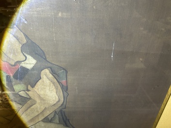 Chinese school: A blind beggar with a dog, ink and colours on silk, probably Ming