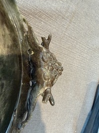 A Chinese tripod green jade 'dragon heads' incense burner, 20th C.