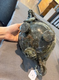 A Chinese tripod green jade 'dragon heads' incense burner, 20th C.
