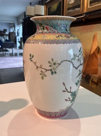 Three Chinese famille rose vases with palace scenes and birds among blossoming branches, Qianlong marks, Republic, 20th C.