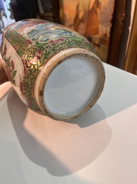 Three Chinese Canton famille rose 'warrior and palace scenes' vases, 19th C.