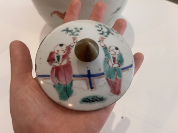 Four Chinese famille rose and qianjiang cai jars with animated scenes and floral and 'Wu Shuang Pu' design, 19th/20th C.
