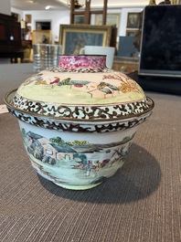 A Chinese Canton enamel bowl and cover, a patipan and a saucer with figures in a landscape, 19th C.