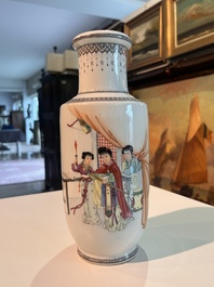 Three Chinese famille rose vases with palace scenes and birds among blossoming branches, Qianlong marks, Republic, 20th C.