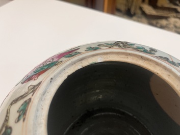 Four Chinese famille rose and qianjiang cai jars with animated scenes and floral and 'Wu Shuang Pu' design, 19th/20th C.