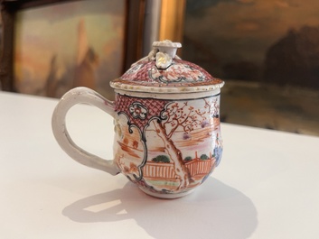 Six Chinese famille rose and gilt cups and saucers and a cream jug with floral and mandarin design, Yongzheng/Qianlong