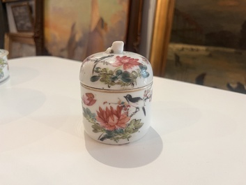 Six Chinese qianjiang cai jars and covers with a bird among blossoming branches, 19th/20th C.