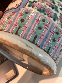 Three Chinese Canton famille rose 'warrior and palace scenes' vases, 19th C.