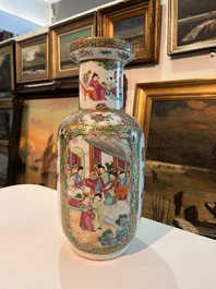 Three Chinese Canton famille rose 'warrior and palace scenes' vases, 19th C.