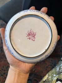 A Chinese Canton enamel bowl and cover, a patipan and a saucer with figures in a landscape, 19th C.