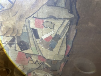 Chinese school: A blind beggar with a dog, ink and colours on silk, probably Ming