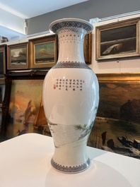 Two Chinese famille rose vases with animated scenes in a palace garden, Qianlong marks, Republic, 20th C.