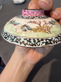 A Chinese Canton enamel bowl and cover, a patipan and a saucer with figures in a landscape, 19th C.
