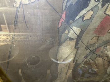 Chinese school: A blind beggar with a dog, ink and colours on silk, probably Ming