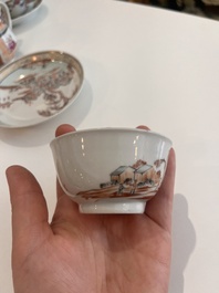 Six Chinese famille rose and gilt cups and saucers and a cream jug with floral and mandarin design, Yongzheng/Qianlong
