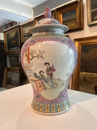 Two Chinese famille rose vases with animated scenes in a palace garden, Qianlong marks, Republic, 20th C.