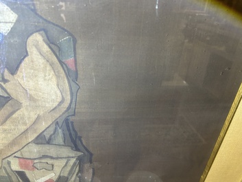 Chinese school: A blind beggar with a dog, ink and colours on silk, probably Ming
