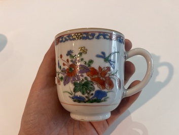 Two Chinese famille verte cups and saucers with floral design, Qianlong