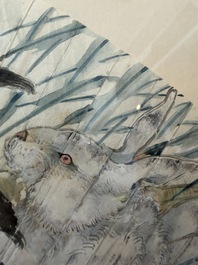 Chinese school: A 'rabbits in a landscape' fan, ink and colours on paper, 19th/20th C.