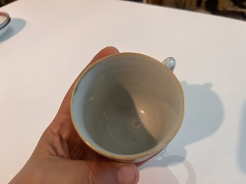 Two Chinese famille verte cups and saucers with floral design, Qianlong