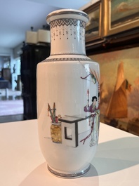 Three Chinese famille rose vases with palace scenes and birds among blossoming branches, Qianlong marks, Republic, 20th C.